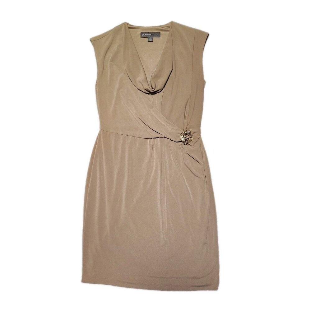 Donna Ricco Brown Cocktail Dress Size 6P Draped Neck Brooch Accent Elegant Luxe